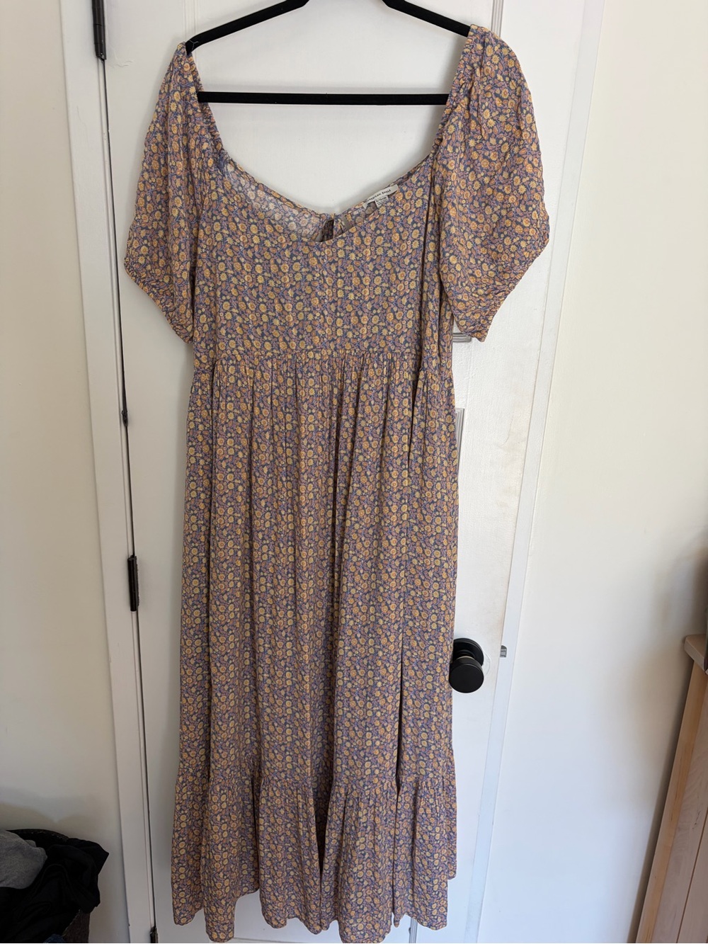 American Eagle Blue Orange Yellow Floral Puff Sleeve Keyhole Back Midi Dress XL
